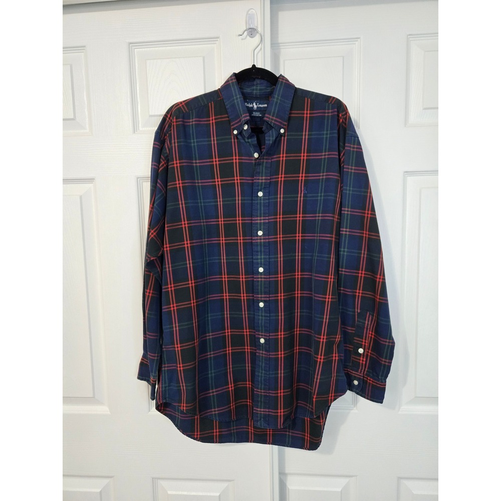 Ralph Lauren Blake Mens Medium Plaid Button Down Shirt Navy Red Green Cotton